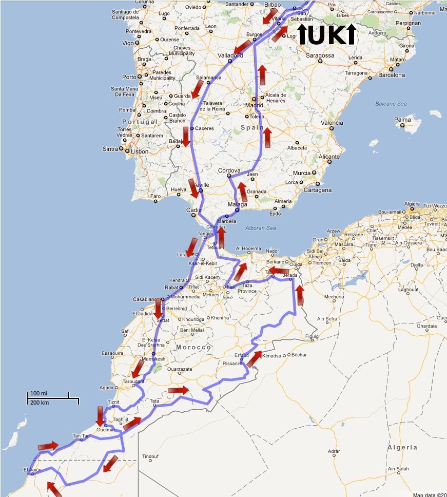 Overview of our intended route for the Moroccan Rally 2012