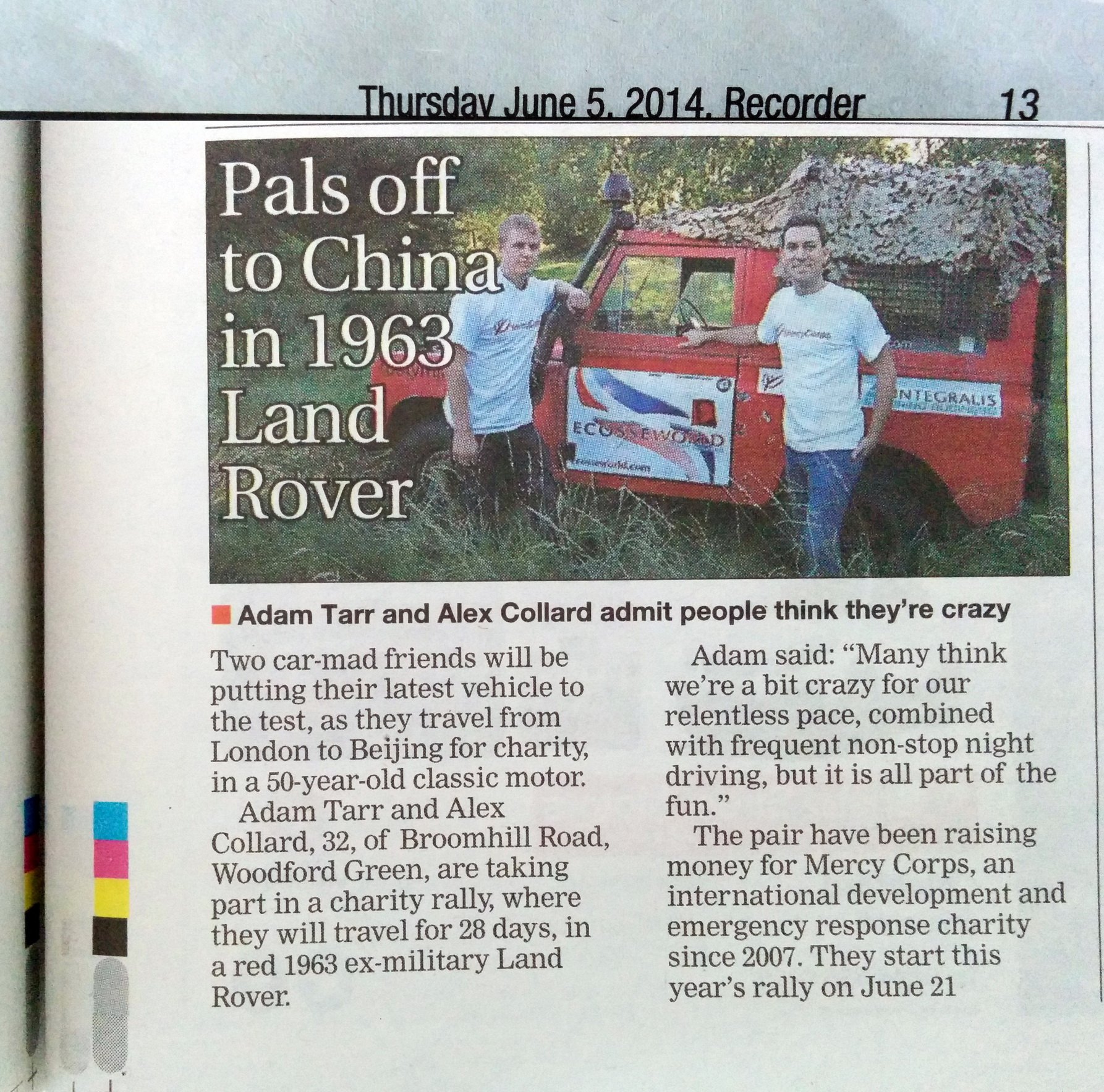 Ilford Recorder, 5 June 2014 — Pals off to China in 1963 Land Rover