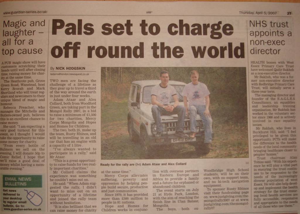 Chingford Guardian, 5 April 2007 — Pals set to charge off round the world