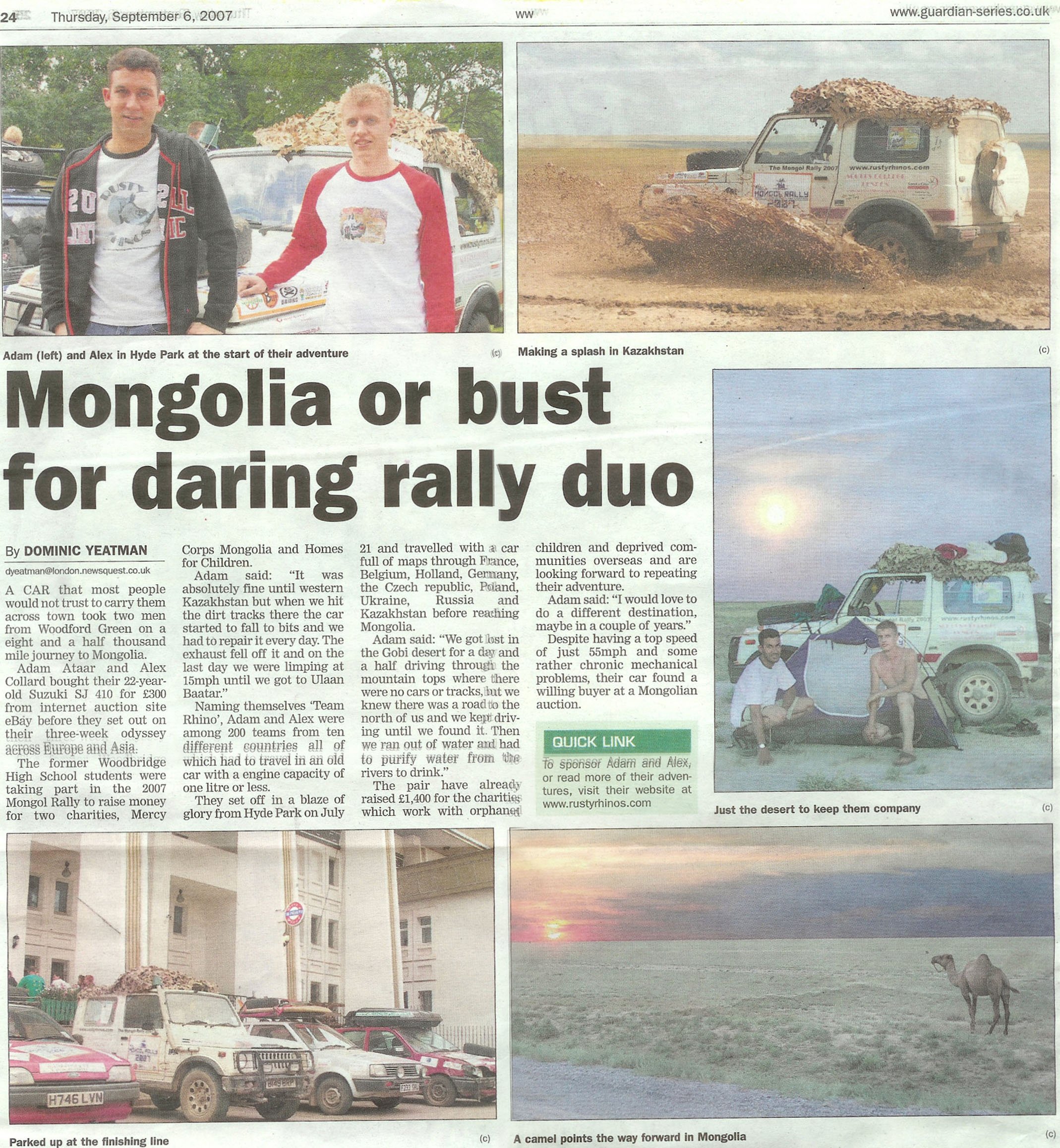 Chingford Guardian, 6 September 2007 — Mongolia or bust for daring rally duo