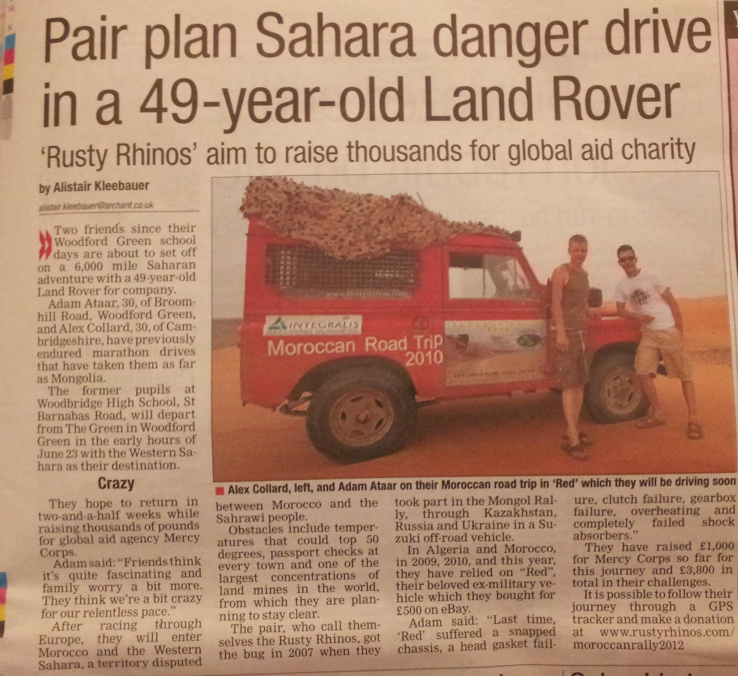 Ilford Recorder, 7 June 2012 — Pair plan Sahara danger drive in a 49-year-old Land Rover