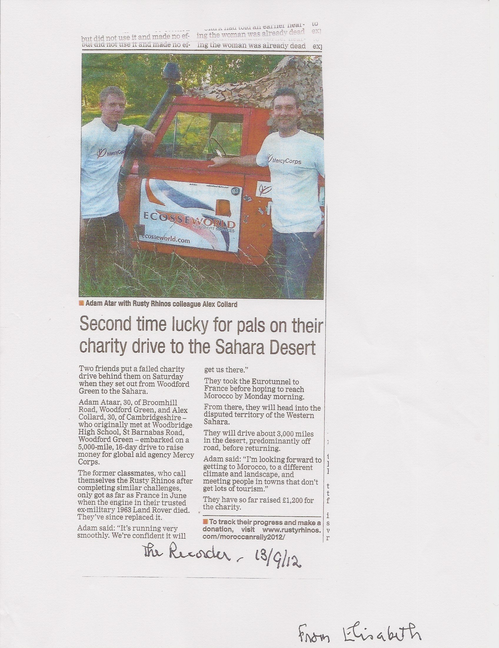 Ilford Recorder, 13 September 2012 — Second time lucky for pals on their charity drive to the Sahara Desert