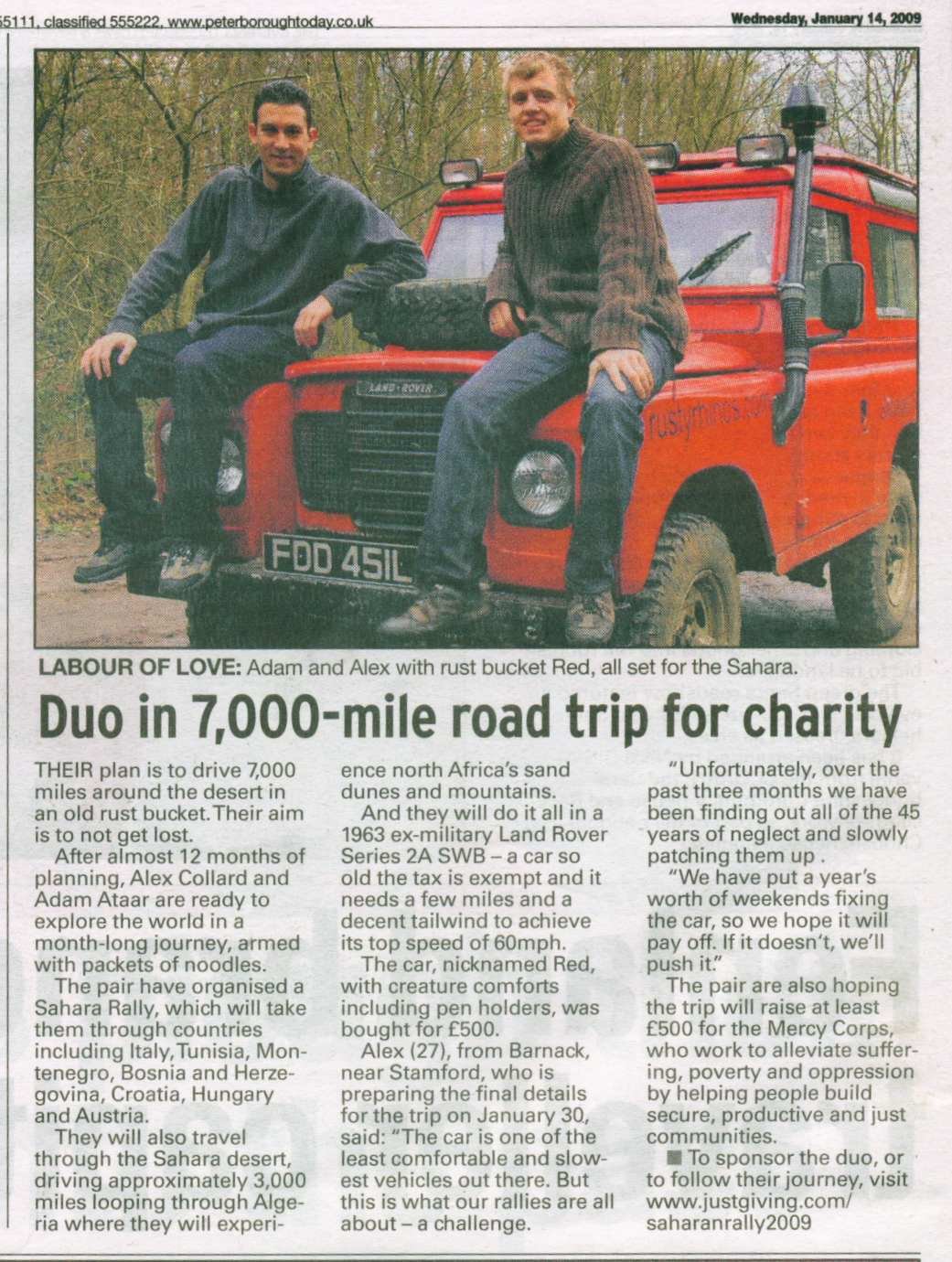 Evening Telegraph, 14 January 2009 — Duo in 7,000-mile road trip for charity