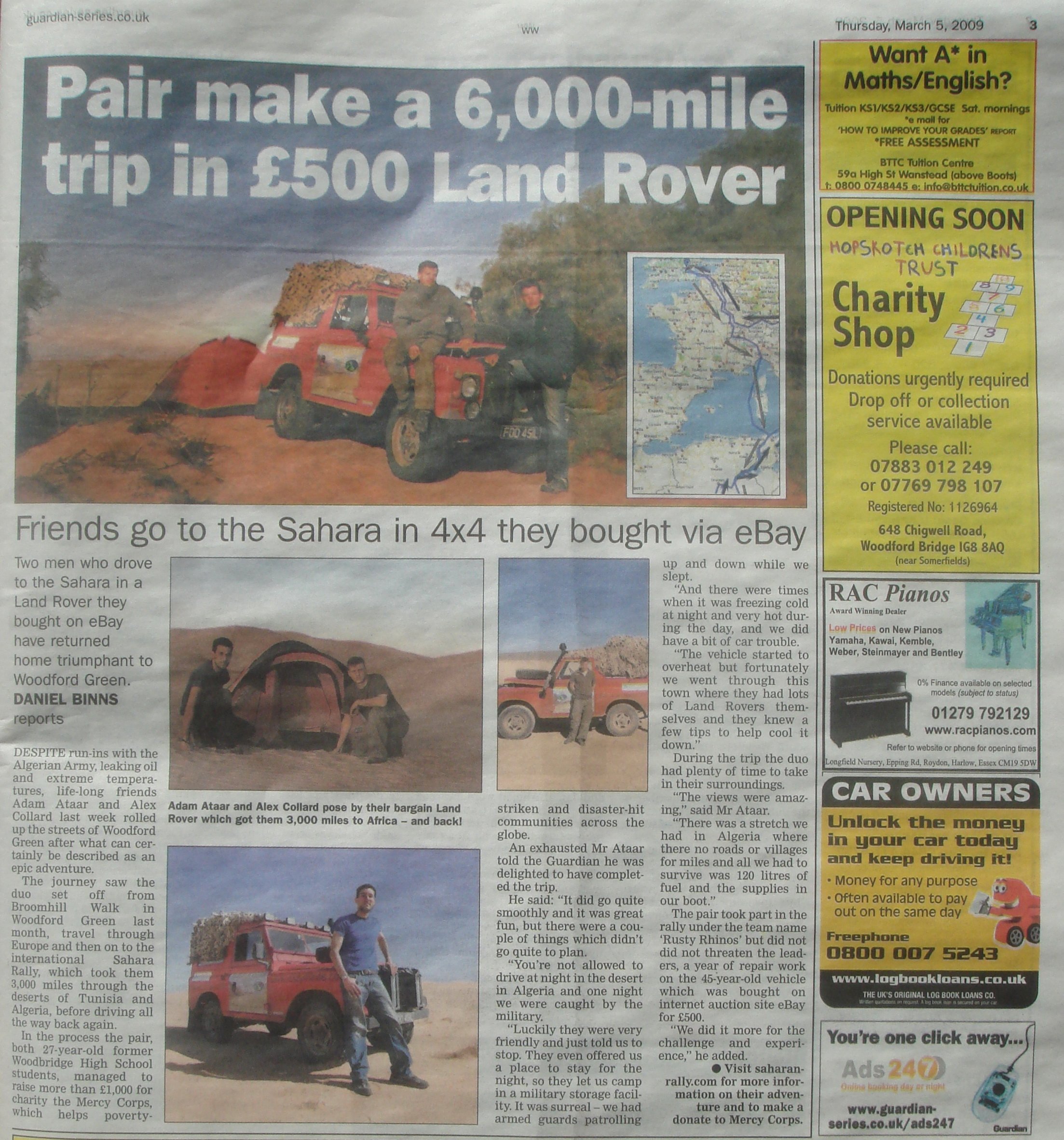 The Local Guardian, 5 March 2009 — Pair make a 6,000-mile trip in £500 Land Rover