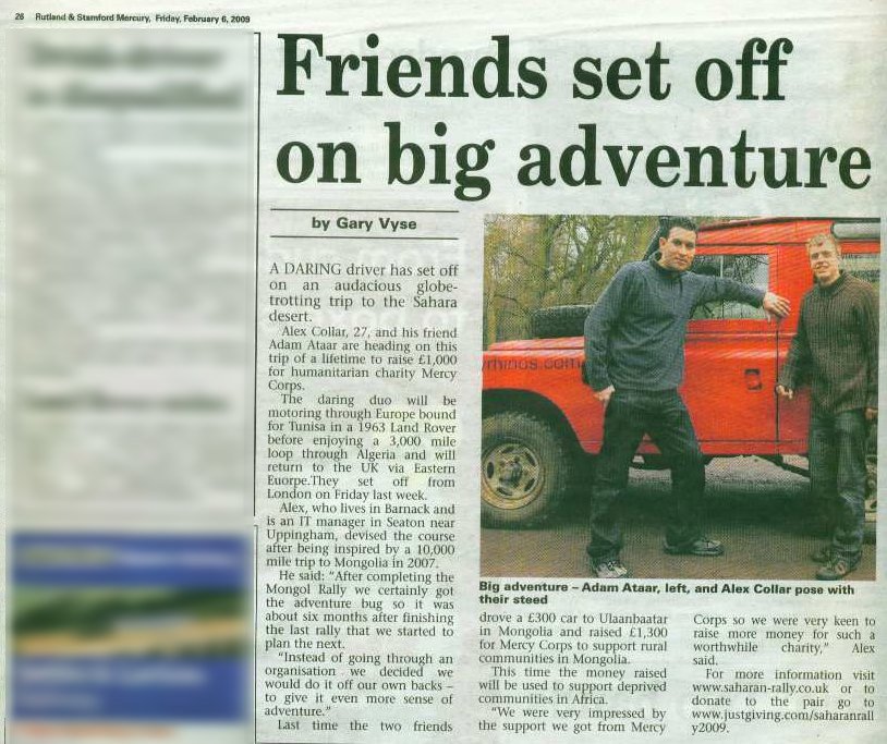 Rutland & Stamford Mercury, 6 February 2009 — Friends set off on big adventure