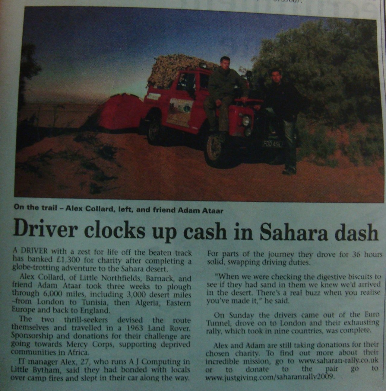 Rutland & Stamford Mercury, 27 February 2009 — Driver clocks up cash in Sahara dash